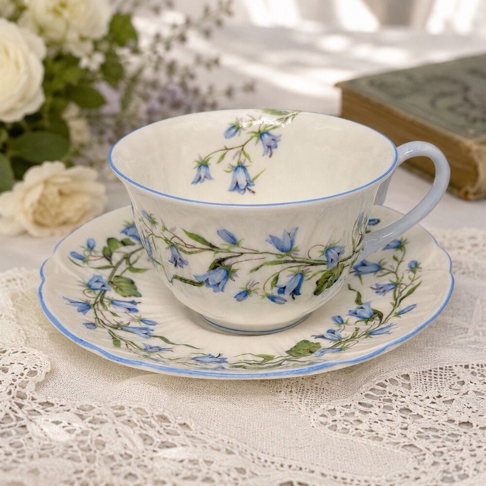 Shelley England Harebell Oleander Fine Bone China Cup & Saucer Blue Floral VTG
